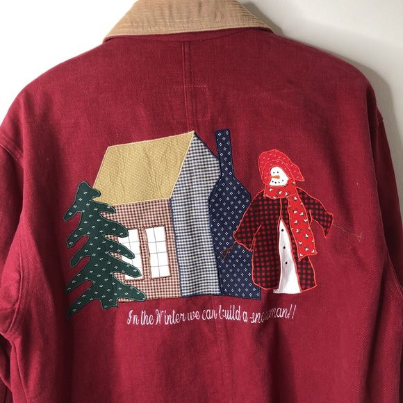 Vintage Sunbelt Denim Chore Coat Red Jean Jacket Snowman Winter Womens Small - Picture 9 of 10